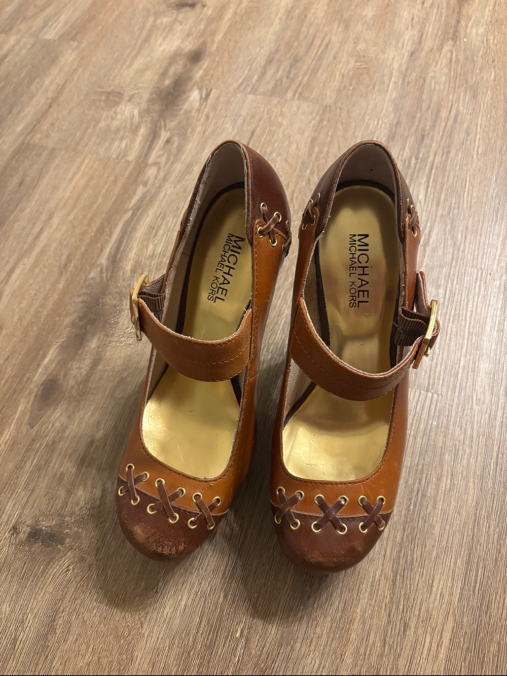 Michael Kors Cognac Brown Leather Mary Jane Heels with Gold Accents